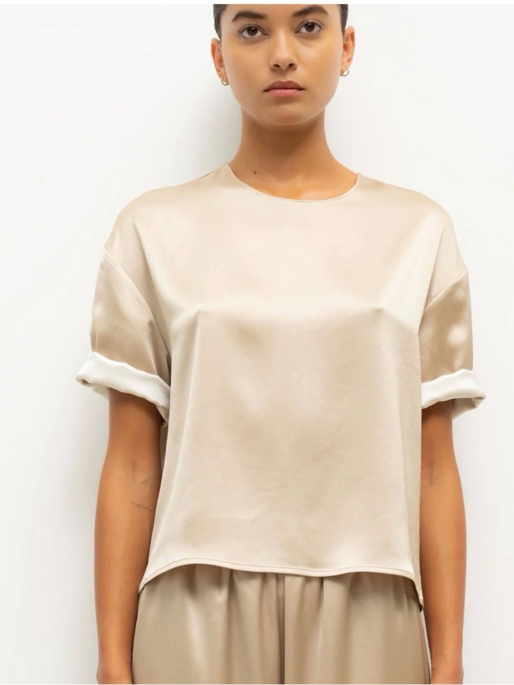 LESET Barb Satin Short Sleeve Crewneck Top in Taupe